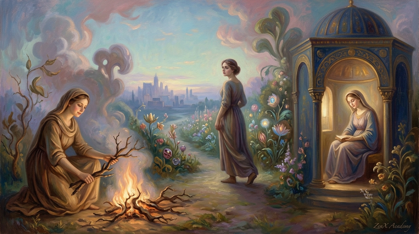 Three women in dreamlike landscape
