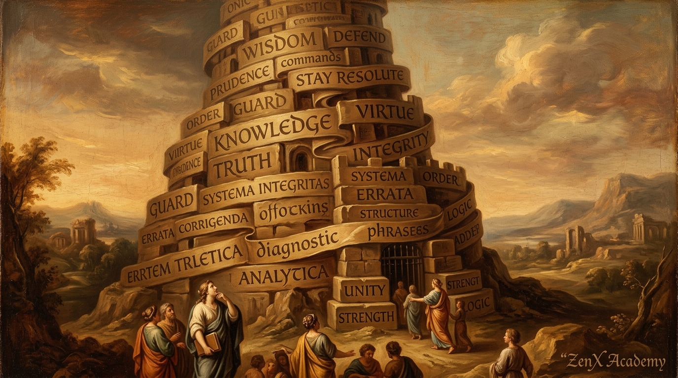 A tower built from words — the vocabulary of examination becoming its own protective structure