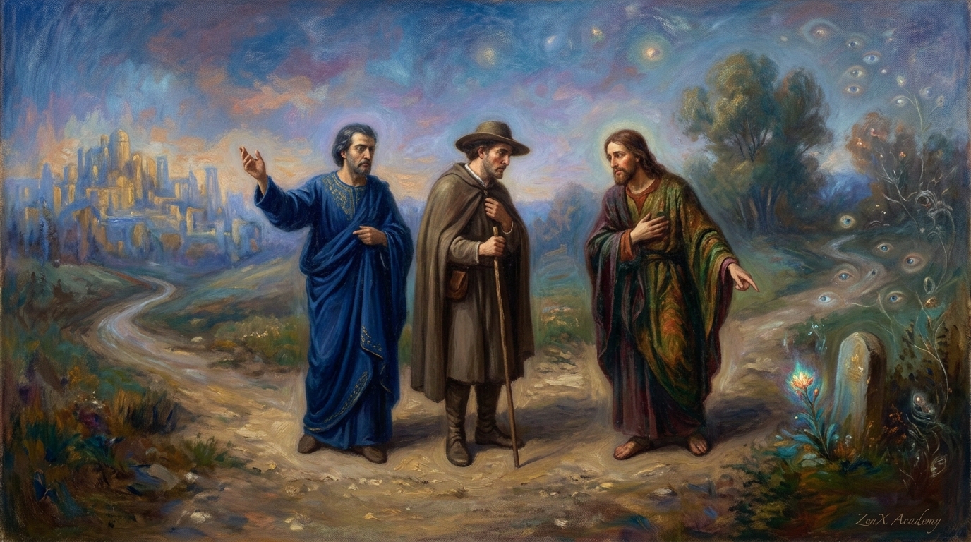 Traveler at crossroads with advice