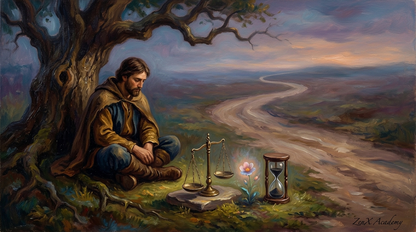 Traveler studying symbolic object