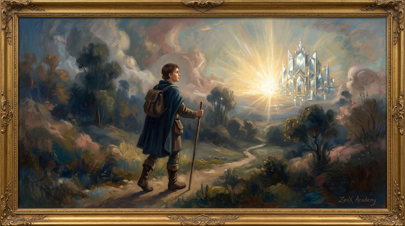 Traveler walks toward palace