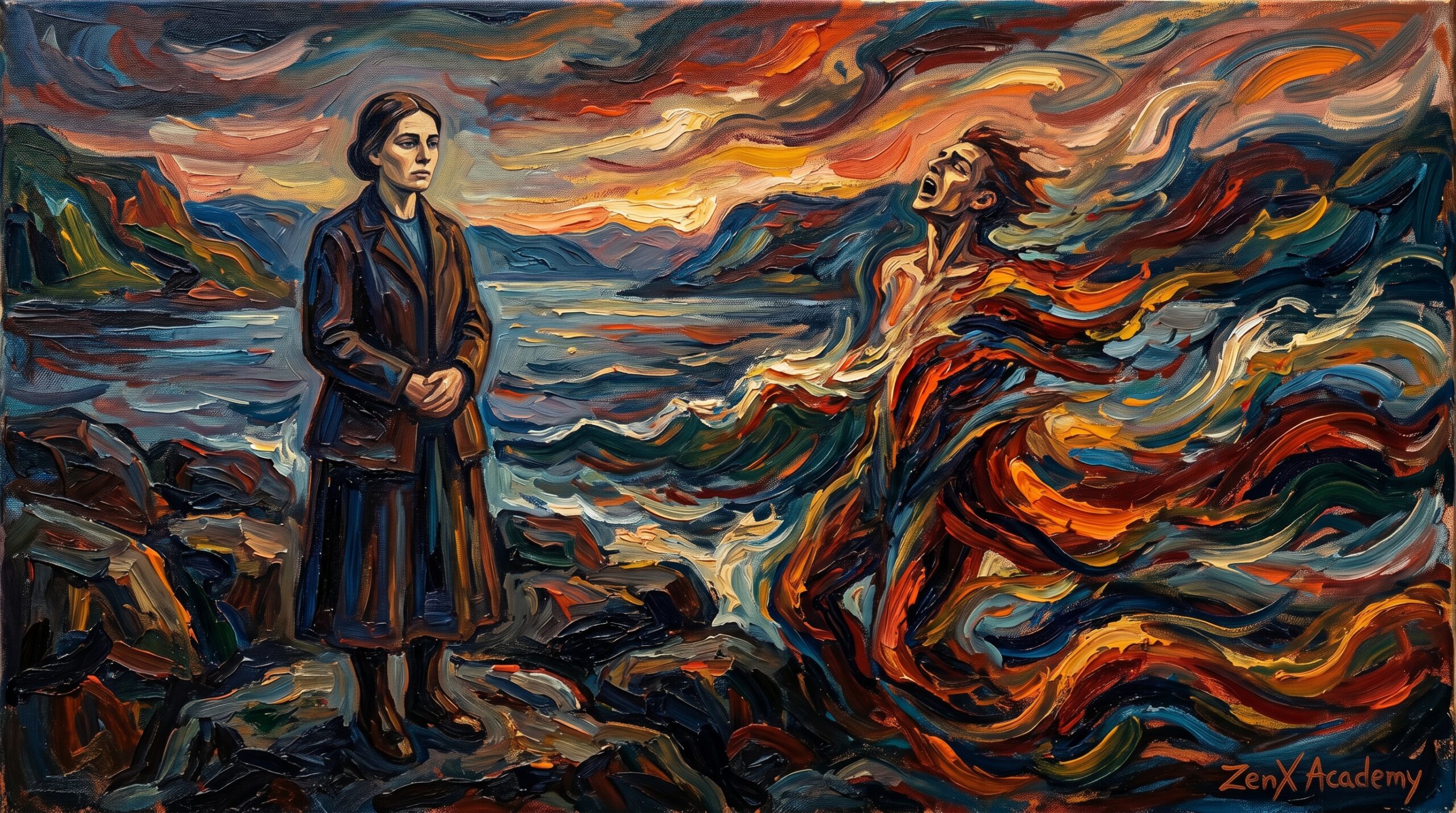 Two human figures in conversation, one slightly above the other, symbolizing intelligence turning into identity
