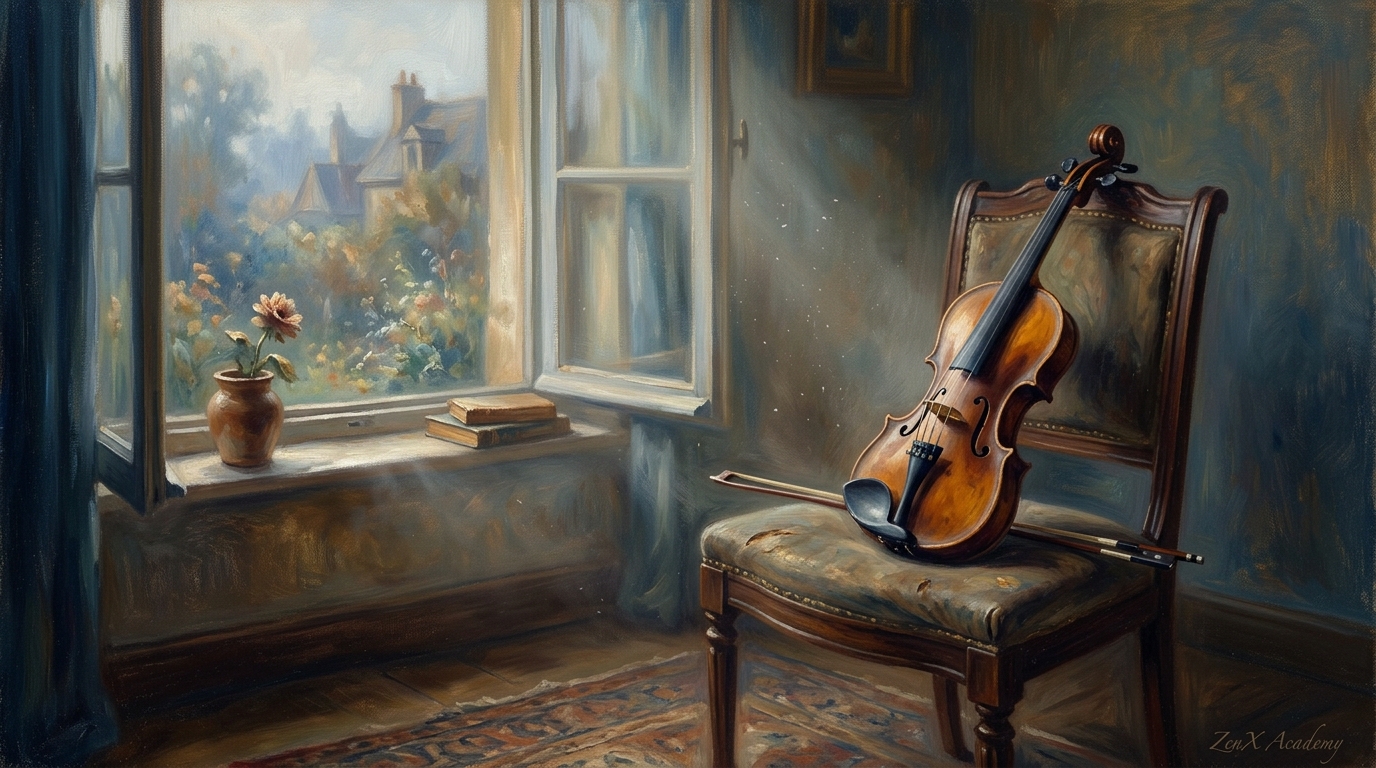 Violin resting by open window