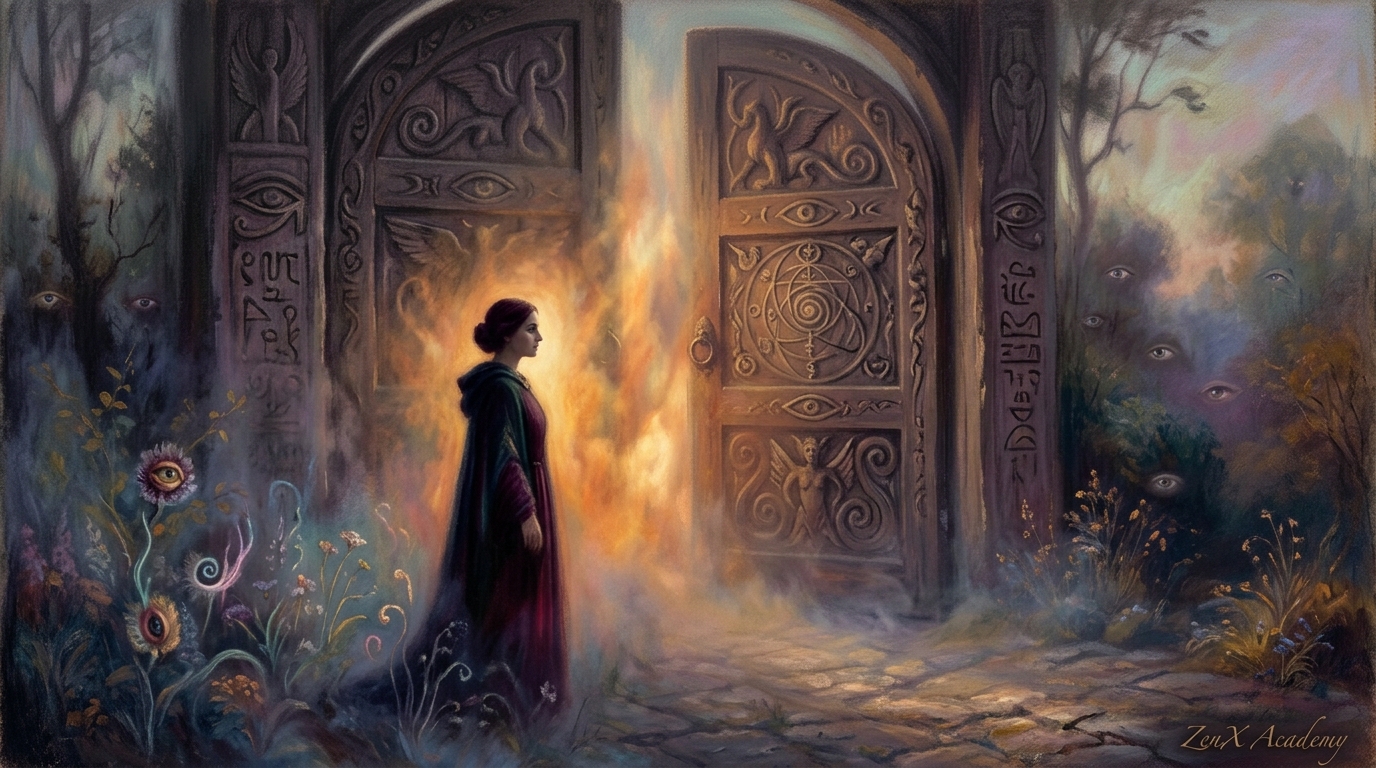 Woman before glowing gate