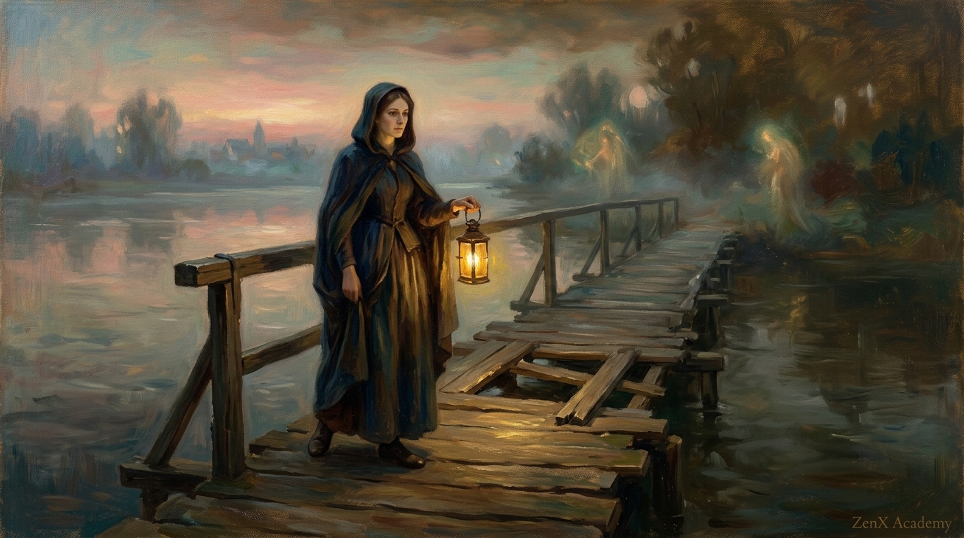 Woman crossing bridge with lantern