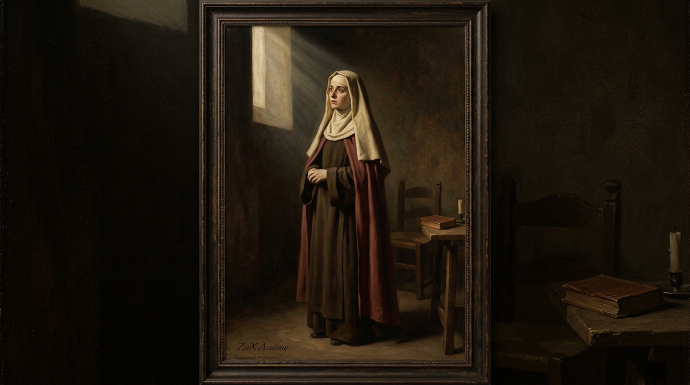 Woman standing inside a sparse sacred interior