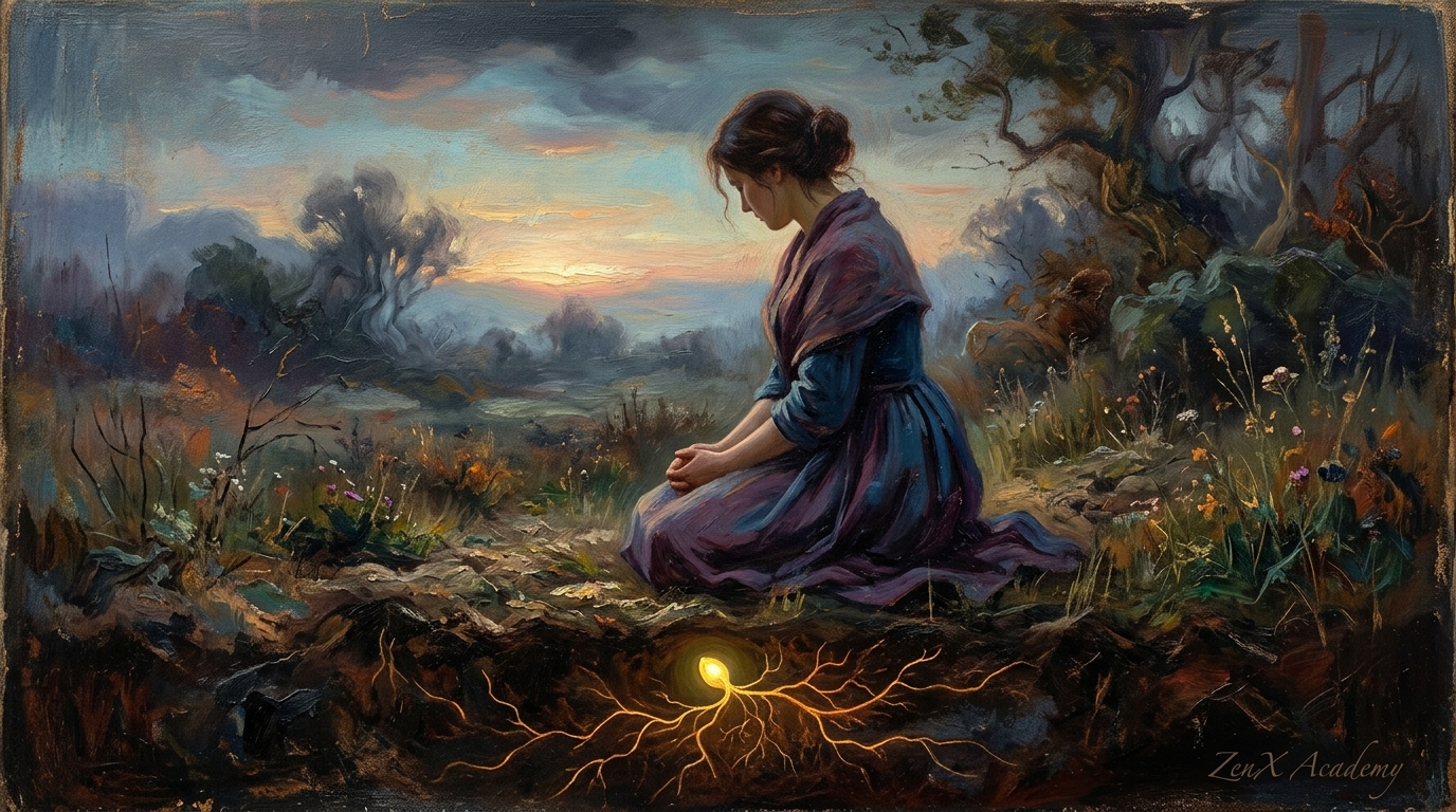 Woman kneeling in field at dawn