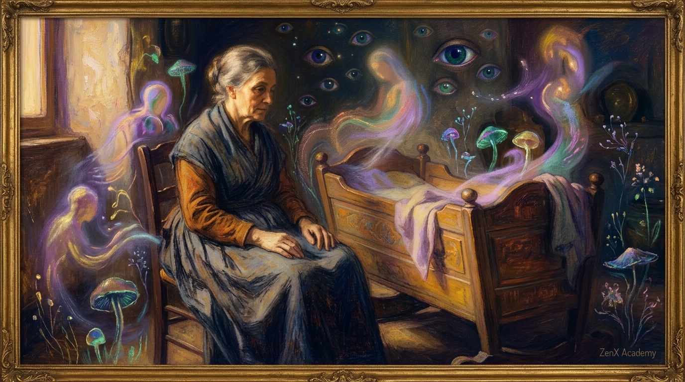 Woman near cradle symbolism